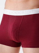 Maroon boxer briefs with a white waistband featuring the brand name on a neutral background.