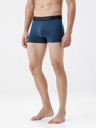 Man wearing blue boxer briefs with a visible brand logo on a white background