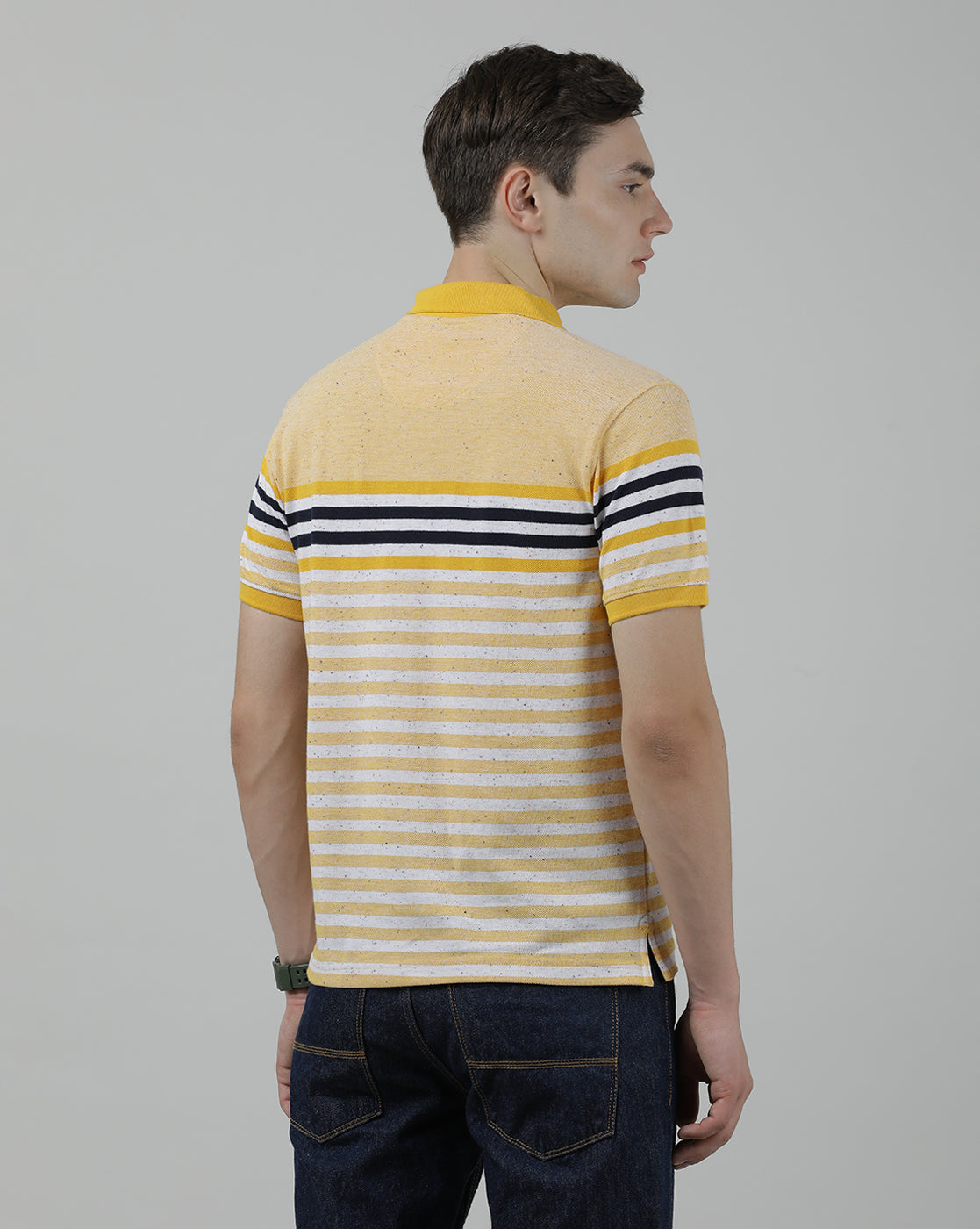 Casual Yellow T-Shirt Engineering Stripes Half Sleeve Slim Fit with Collar for Men