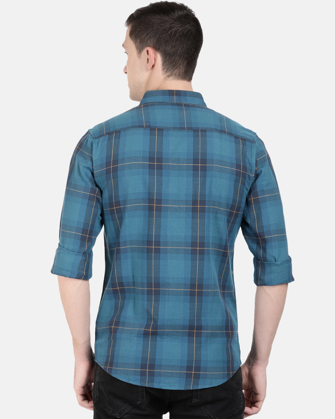Crocodile Casual Full Sleeve Slim Fit Checks Teal with Collar Shirt for Men