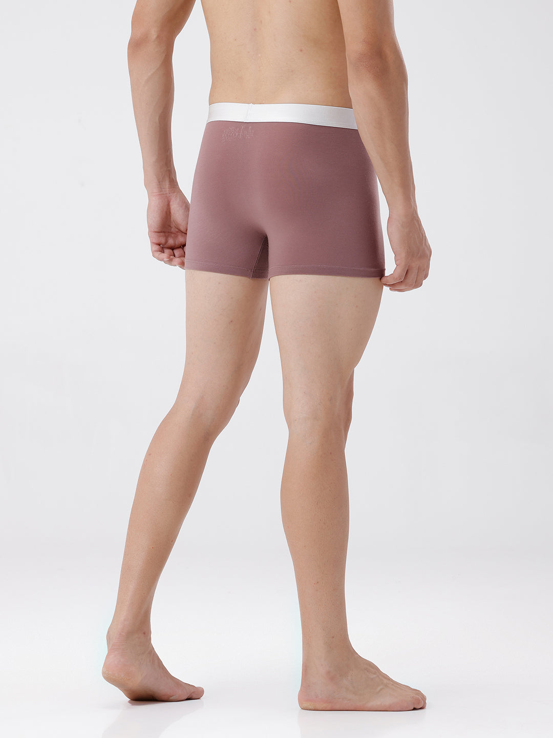 Person wearing a pair of mauve boxer briefs on a white background