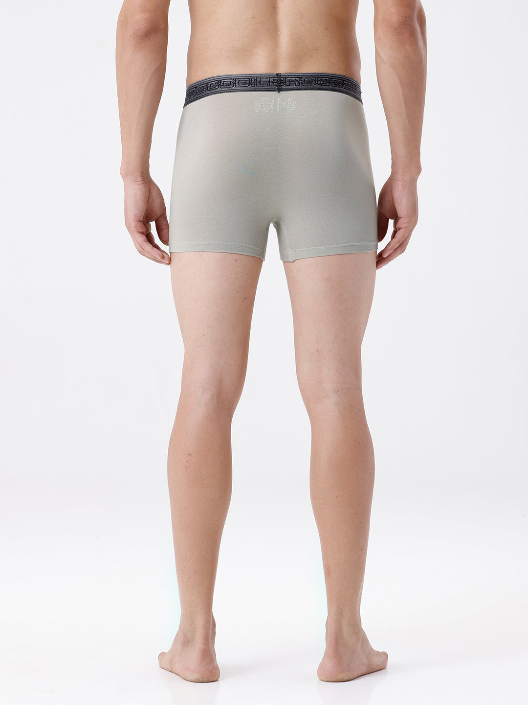 Person wearing light gray boxer briefs with dark waistband on a white background