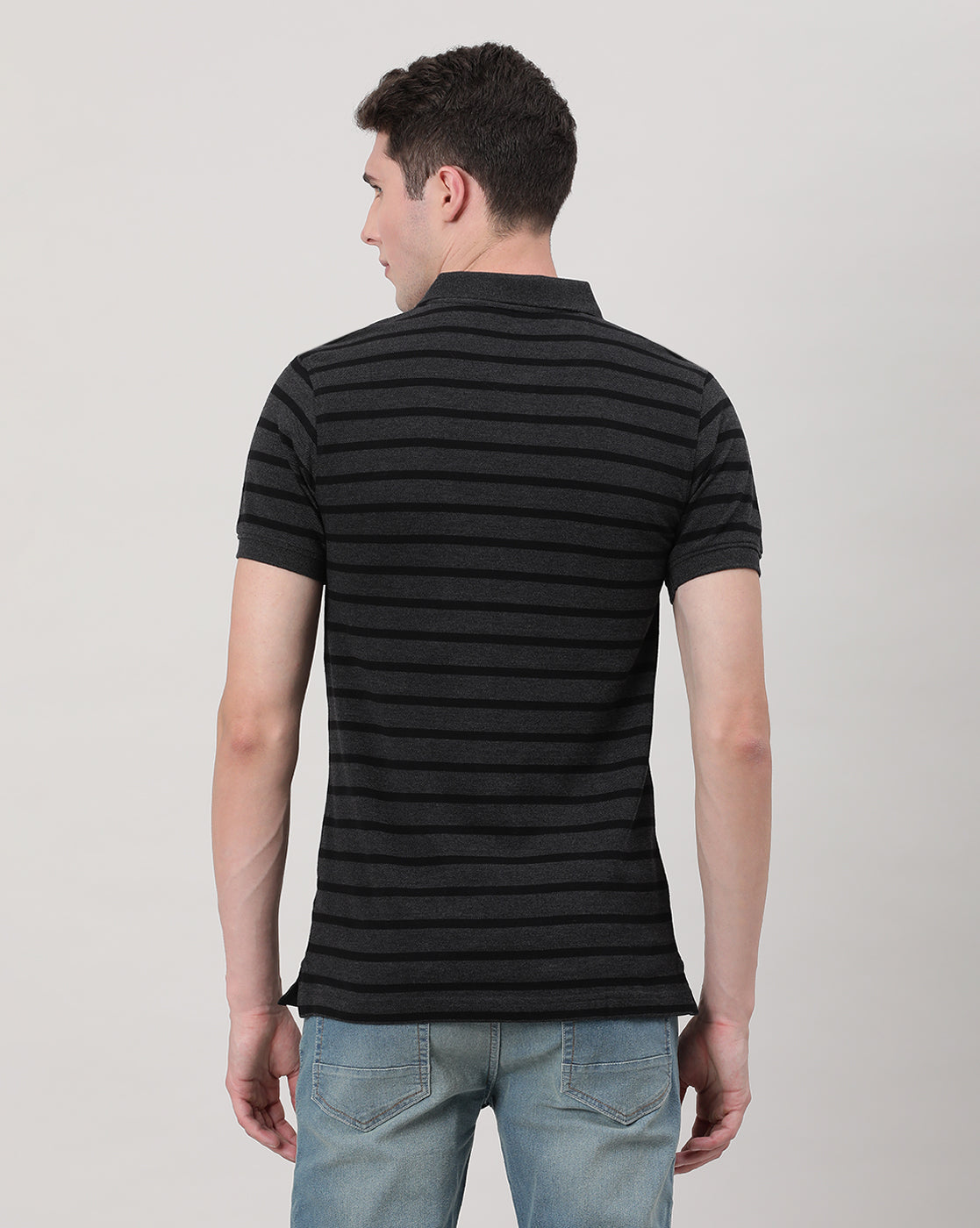 Casual Black T-Shirt Striper Half Sleeve Slim Fit with Collar