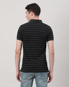 Casual Black T-Shirt Striper Half Sleeve Slim Fit with Collar