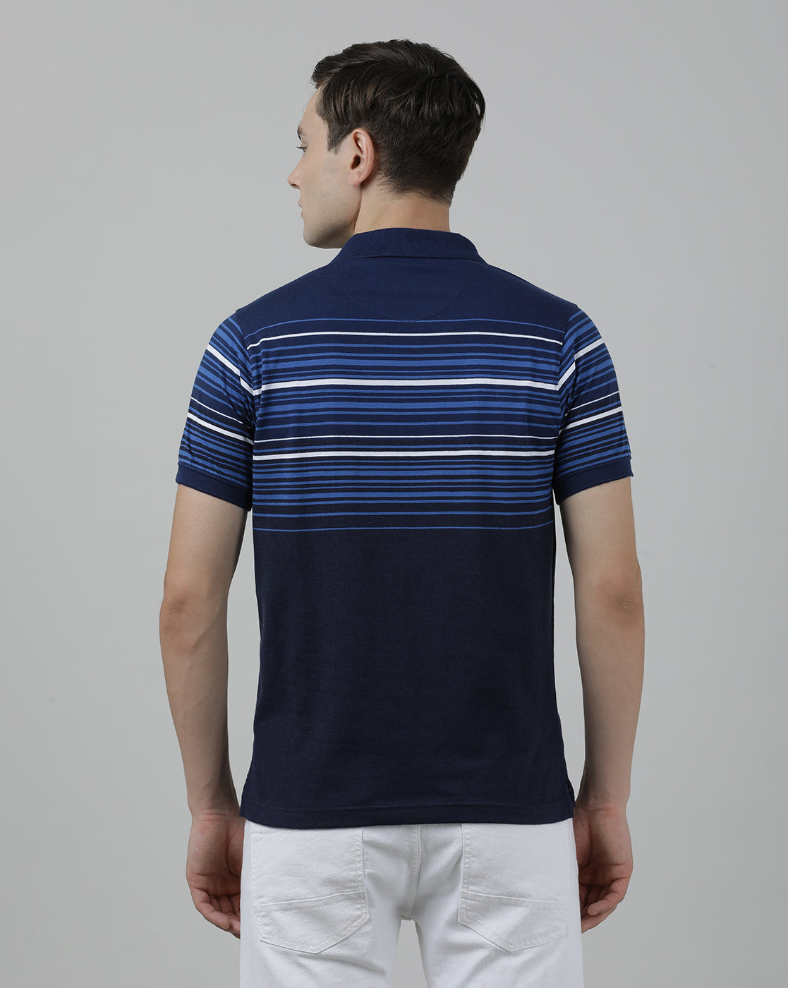 Casual Blue T-Shirt Half Sleeve Slim Fit Jersey Engineering Stripe with Collar for Men