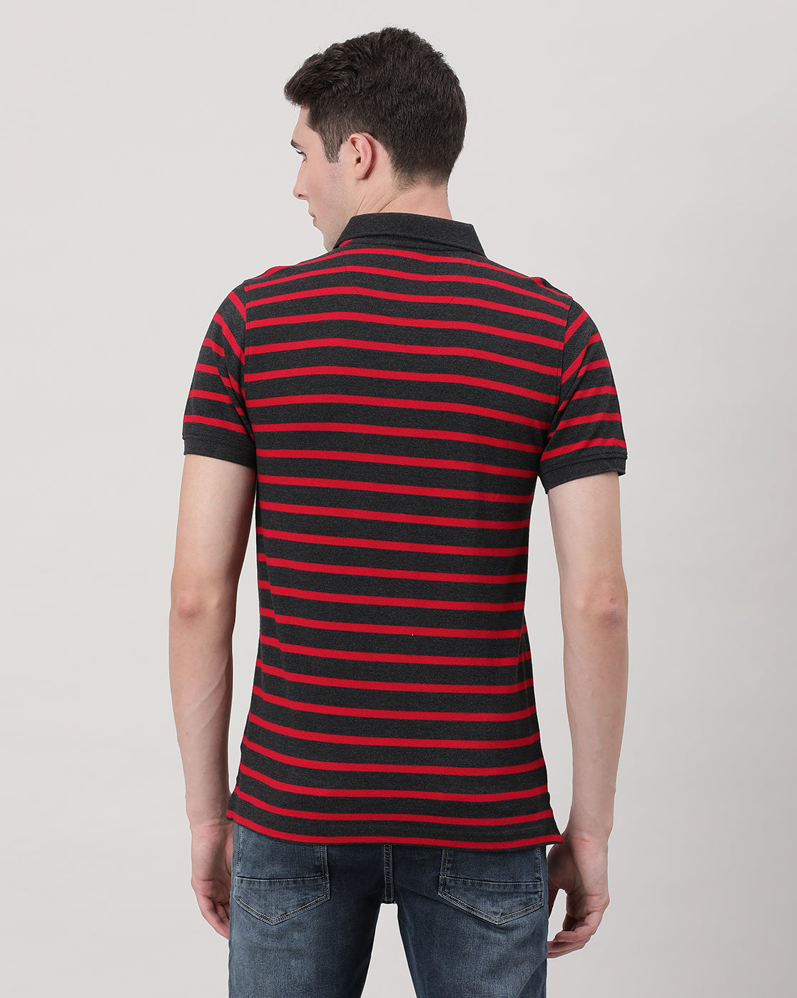 Casual Red T-Shirt Striper Half Sleeve Slim Fit with Collar