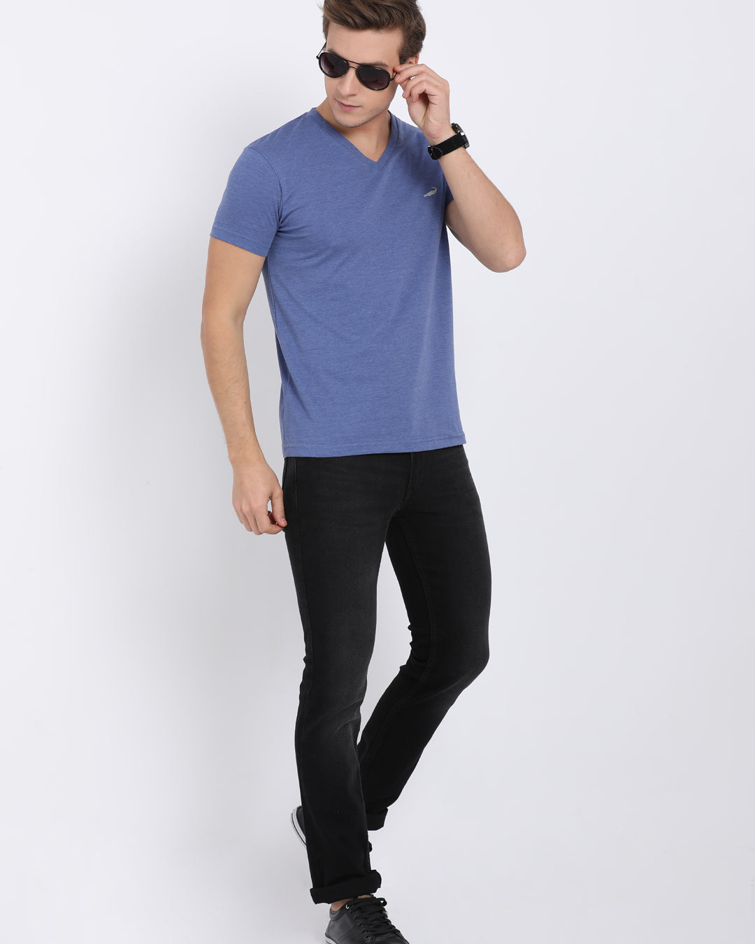Men's Solid V Neck Half Sleeve Cotton T-Shirt - BLUE MELANGE