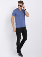 Men's Solid V Neck Half Sleeve Cotton T-Shirt - BLUE MELANGE