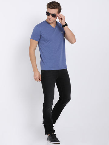 Men'S Solid V Neck Half Sleeve Cotton T-Shirt - Blue Melange