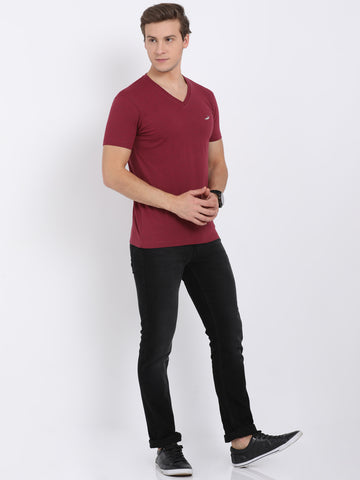 Men'S Solid V Neck Half Sleeve Cotton T-Shirt - Maroon Melange