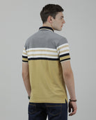 Casual Light Khaki T-Shirt Engineering Stripes Half Sleeve Slim Fit with Collar for Men