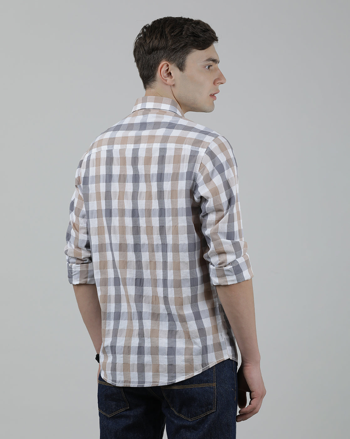 Casual Full Sleeve Comfort Fit Checks Shirt Brown for Men