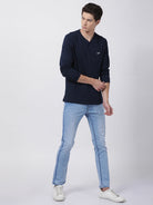 Men's Solid V Neck Full Sleeve Cotton T-Shirt - NAVY