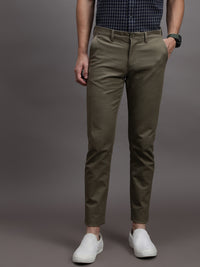 Solid Olive Green Slim Fit Casual Trouser