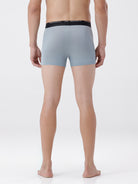 Person wearing light gray boxer briefs with a black waistband on a white background