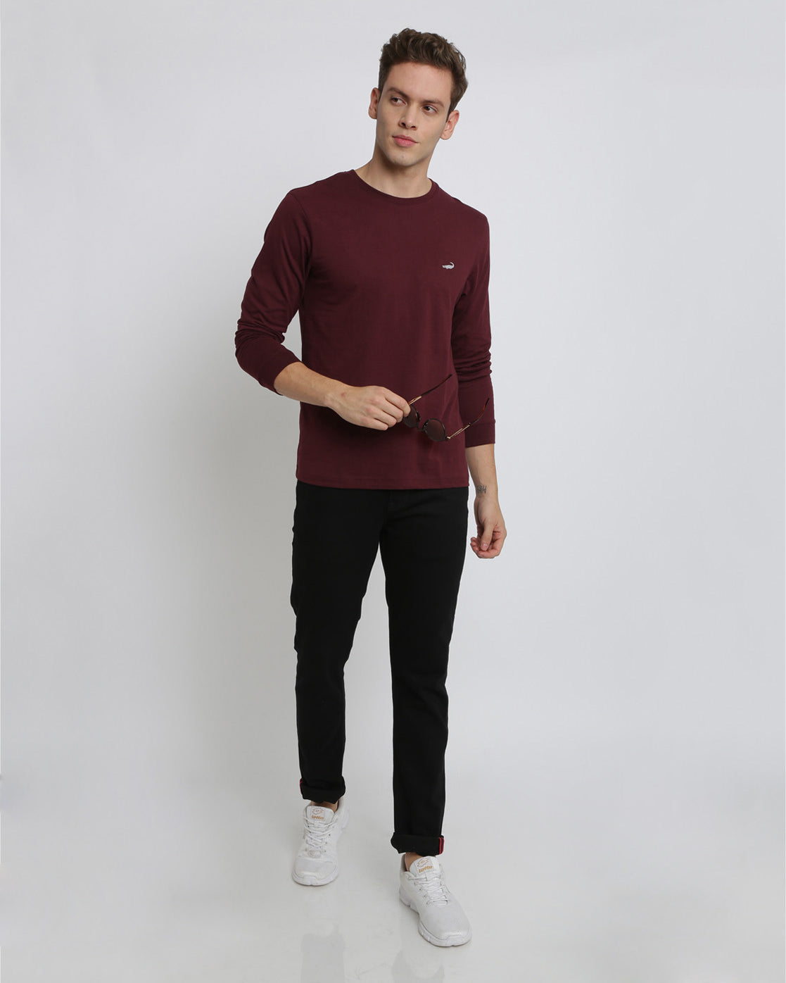 Men's Solid Round Neck Full Sleeve Cotton T-Shirt - WINE