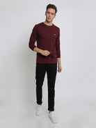 Men's Solid Round Neck Full Sleeve Cotton T-Shirt - WINE