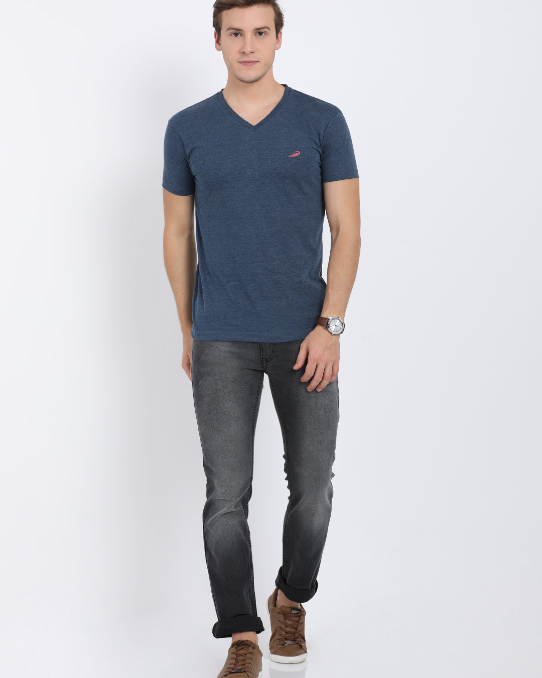 Men's Solid V Neck Half Sleeve Cotton T-Shirt - DENIM MELANGE