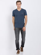 Men's Solid V Neck Half Sleeve Cotton T-Shirt - DENIM MELANGE