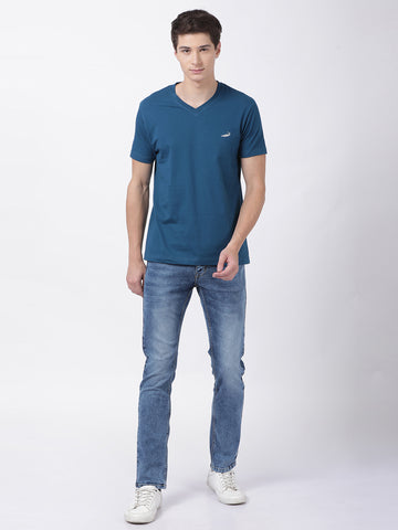 Men'S Solid V Neck Half Sleeve Cotton T-Shirt - Teal