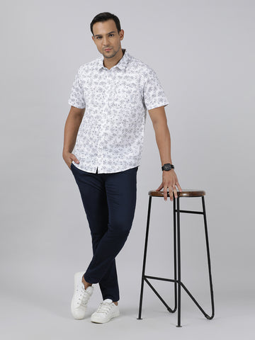 Casual White Half Sleeve Regular Fit Print Shirt with Collar for Men