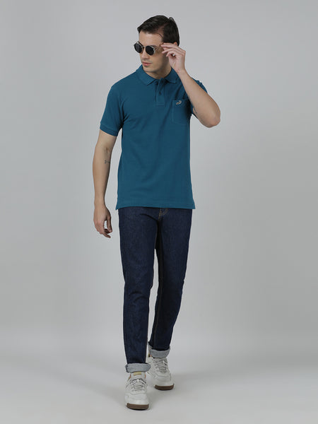 Casual Slim Fit Solid Polo Neck Half Sleeve Blue Coral Tshirt