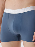 Blue boxer briefs with a white brand logo on the waistband.