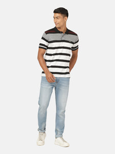 Men Black Striped Polo Collar Slim Fit T-Shirt