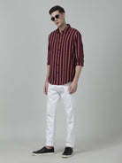 Casual Stripe Comfort Fit Full Sleeve Maroon Shirt with Collar