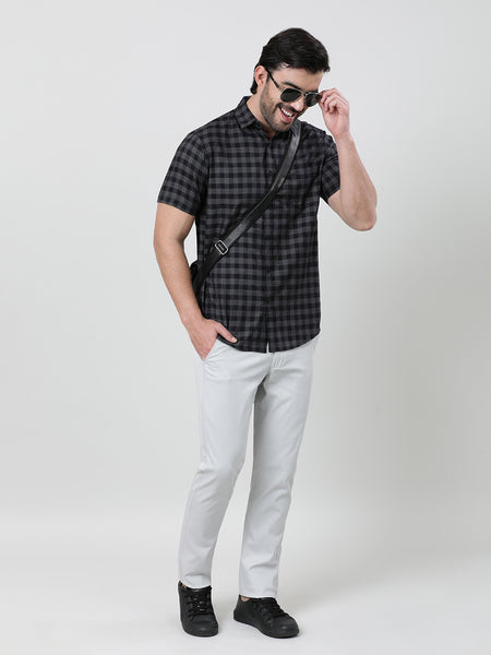 Black Half Sleeve Comfort Fit Yarn Dyed Checks Shirt