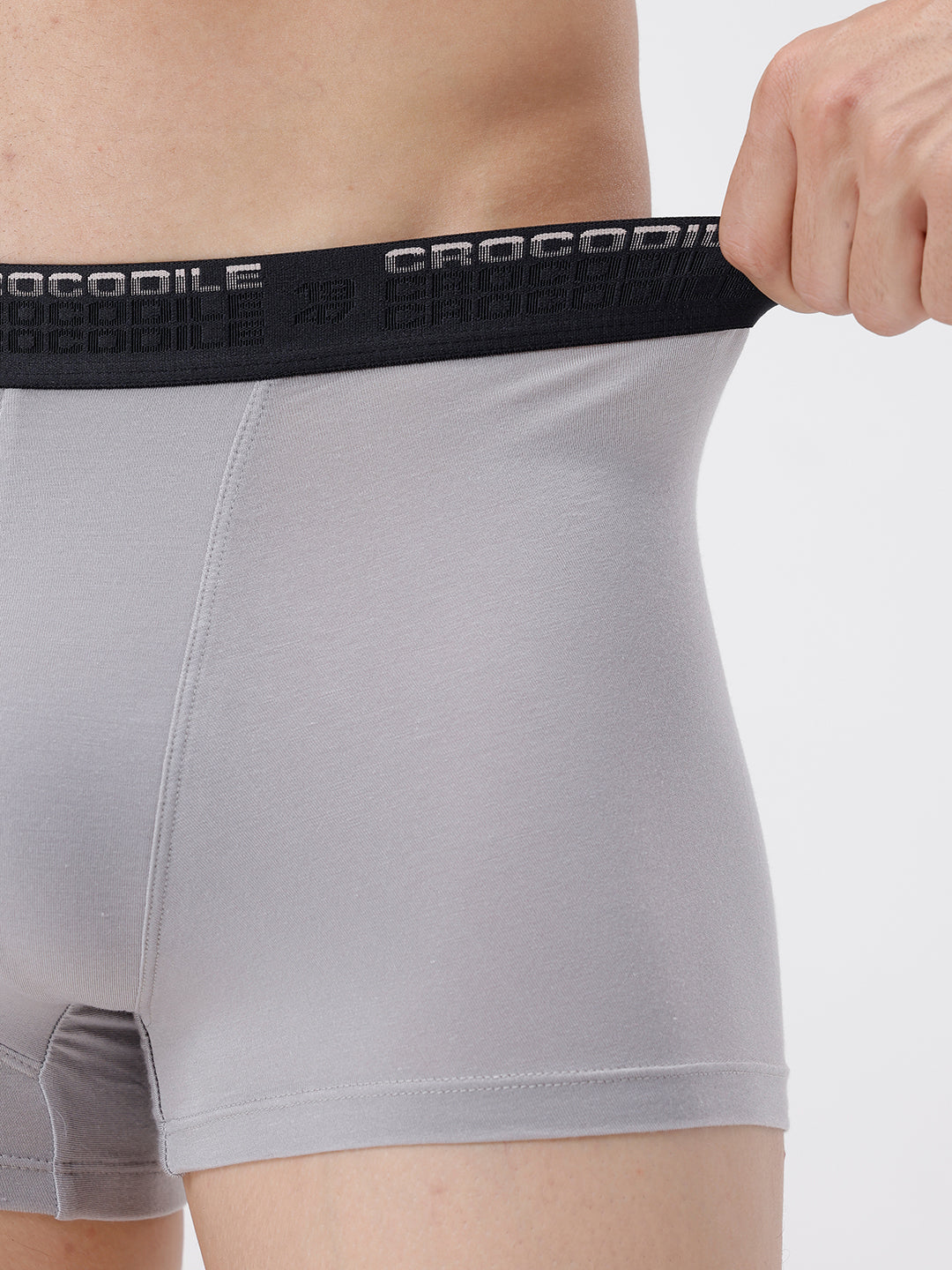Gray boxer briefs with a black waistband featuring 'Crocodile' branding.