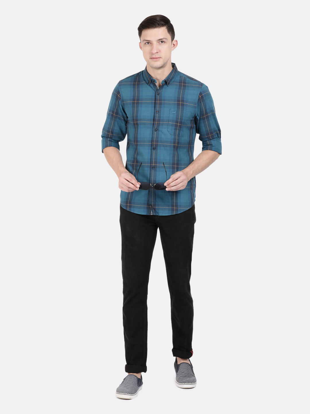 Crocodile Casual Full Sleeve Slim Fit Checks Teal with Collar Shirt for Men