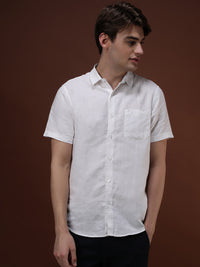 White Solid Half Sleeve Linen Shirt