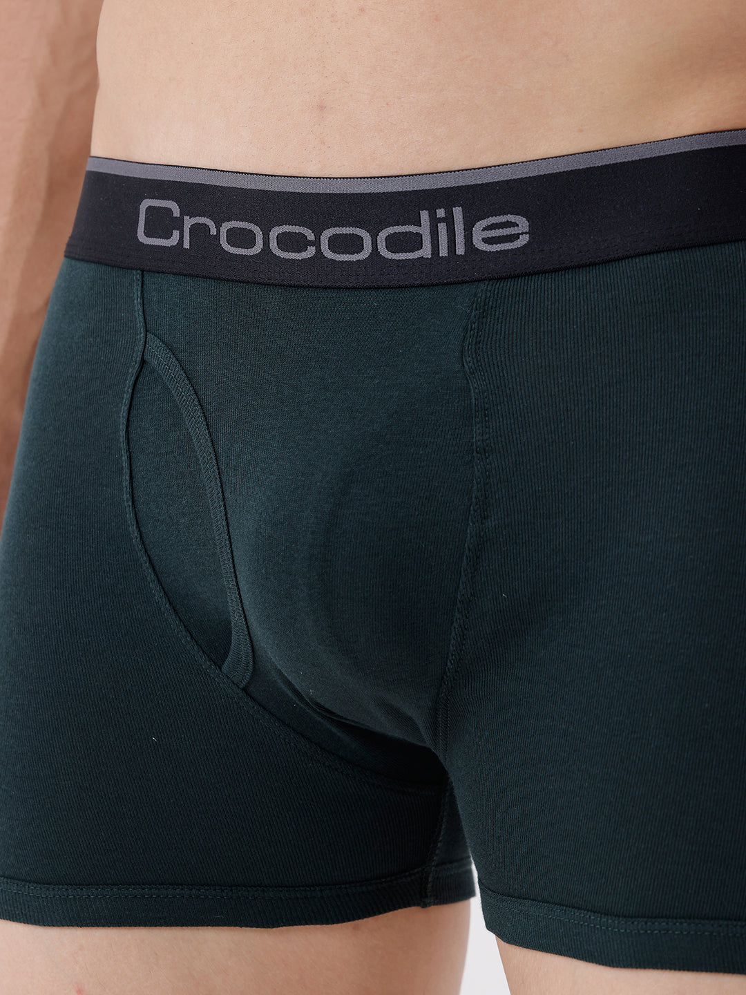 Dark green boxer briefs with a visible brand logo on the waistband.