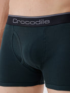 Dark green boxer briefs with a visible brand logo on the waistband.