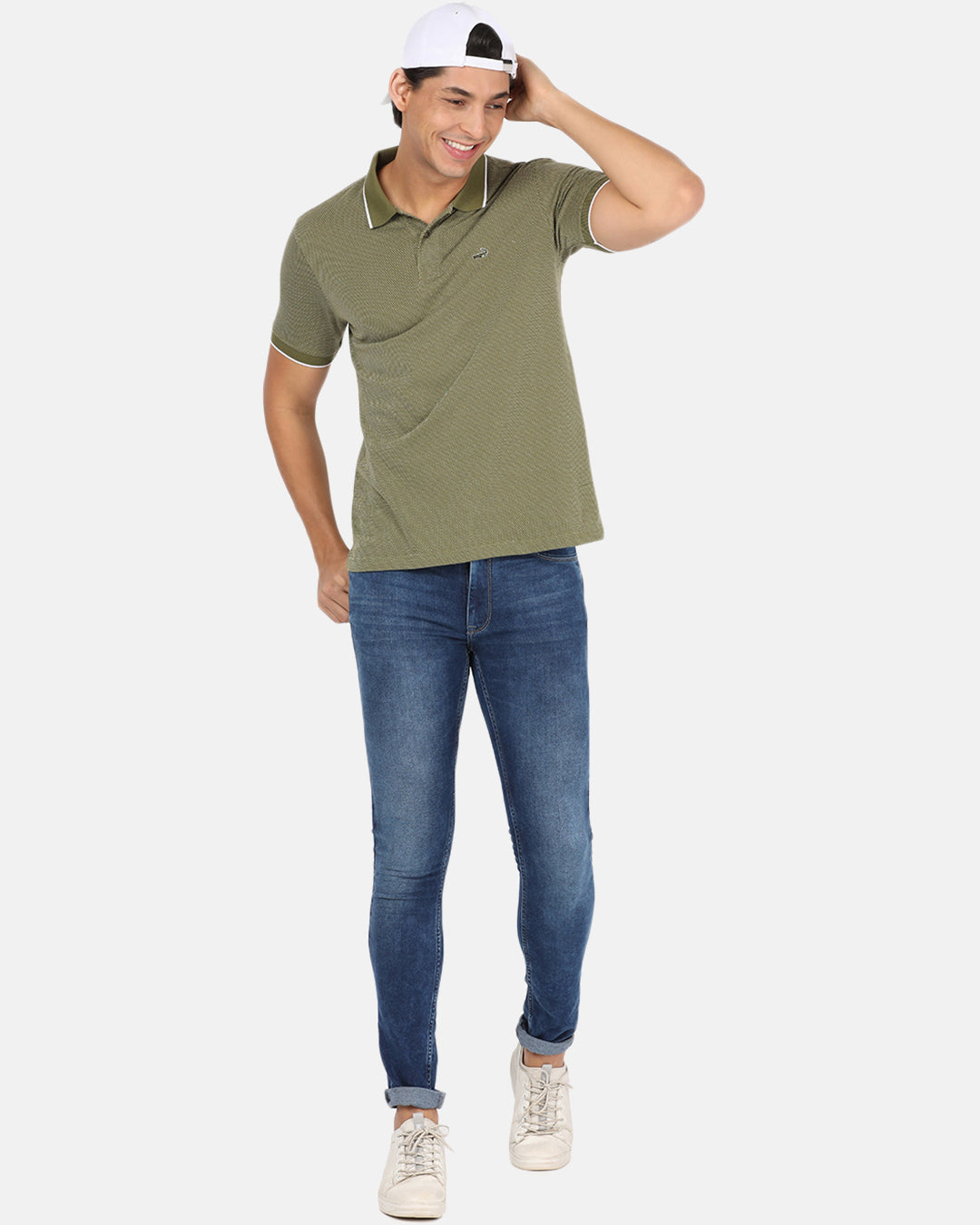 Men Olive Green Printed Polo Collar Slim Fit T-shirt