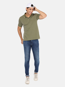 Men Olive Green Polo Collar Slim Fit T-Shirt