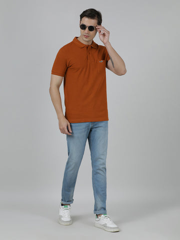 Casual Slim Fit Solid Polo Neck Half Sleeve Brown Tshirt