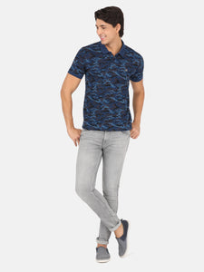 Casual Slim Fit Camo Print Polo Neck Half Sleeve Royal Blue Tshirt