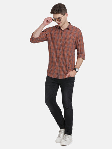 Casual Full Sleeve Slim Fit Checks Brown With Collar Shirt For Men
