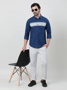 Navy Full Sleeve Comfort Fit Denim Stripes Shirt