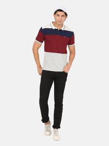 Men Maroon Colourblocked Polo Collar Slim Fit T-Shirt