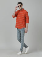 Casual Stripe Comfort Fit Full Sleeve Orange Shirt with Collar