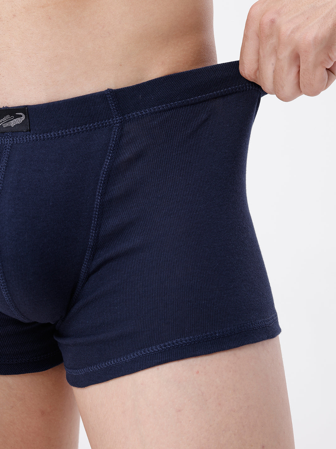 Navy blue boxer briefs with a brand logo on a white background