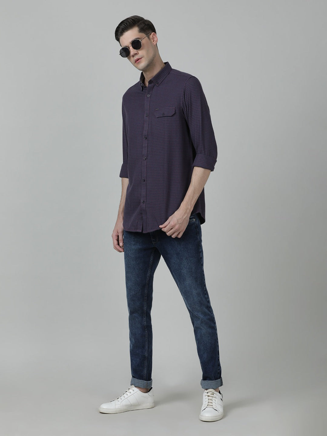 Casual Checks Comfort Fit Full Sleeve Wine Shirt with Collar