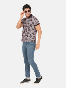 Casual Slim Fit Printed Polo Neck Half Sleeve Maroon Tshirt
