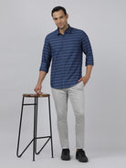 Crocodile Casual Navy Full Sleeve Regular Fit Stripe Shirt with Collar for Men