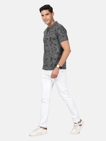 Casual Slim Fit Printed Polo Neck Half Sleeve Charcoal Melange Tshirt