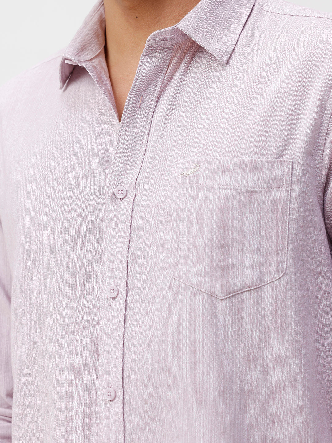 Man wearing a red rib textured cotton shirt light purple on a light gray background
