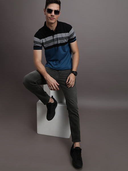 Textured Stripe Polo Black T-Shirt